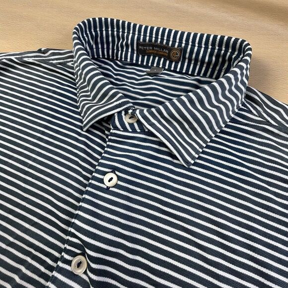 Peter Millar Summer Comfort Golf Polo Men L Blue Stripe Performance Stretch - Picture 1 of 8